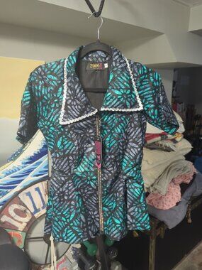 Women's Shirt  Small Blue Nigeria African Geometric Ethnic Zip Teal 2906 Designs